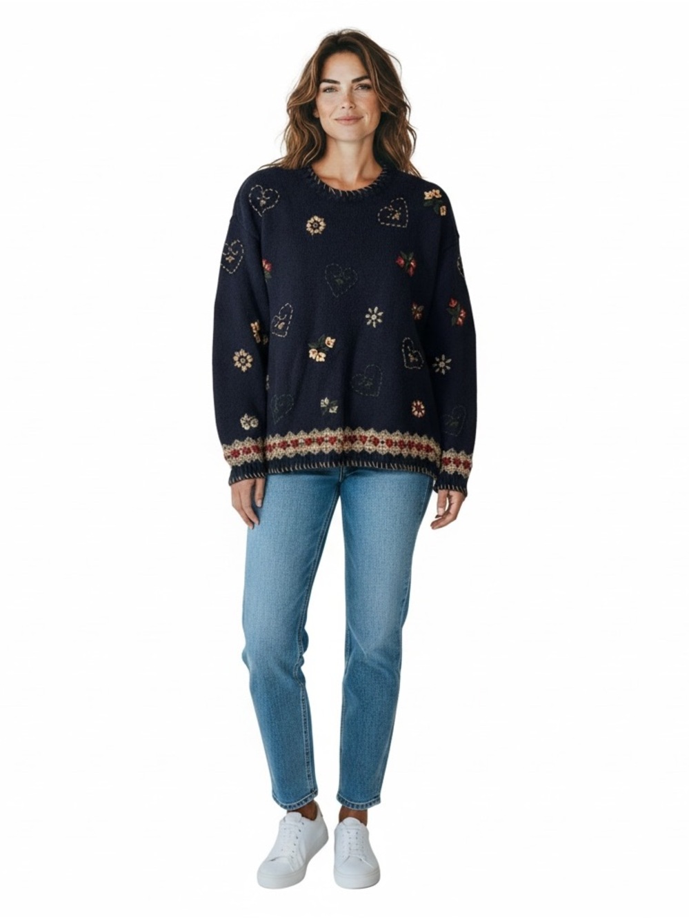 Christopher & Banks Silk Blend Crewneck Hand Embroidered Sweater SZ M in Blue